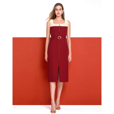 Square Neck Colorblock Midi Dress - Apricot & Red
