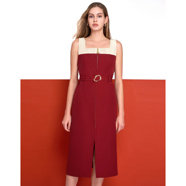 Square Neck Colorblock Midi Dress - Apricot & Red