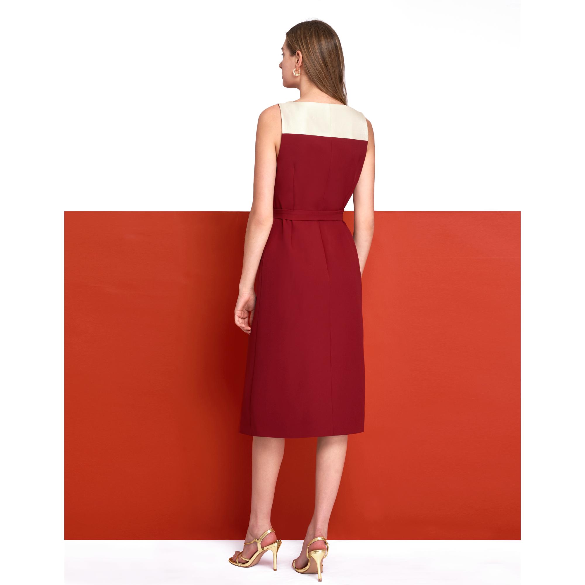 Square Neck Colorblock Midi Dress - Apricot & Red