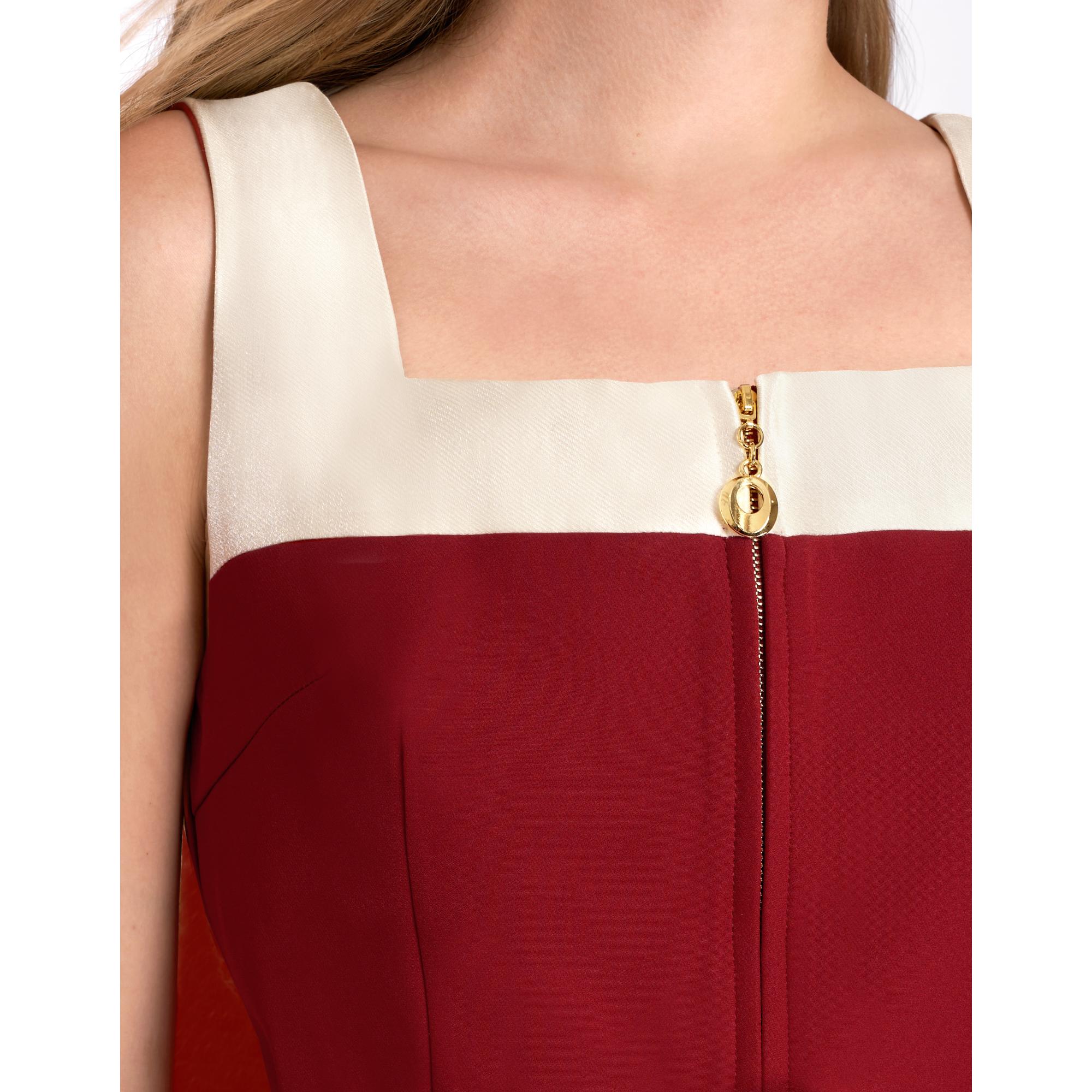 Square Neck Colorblock Midi Dress - Apricot & Red