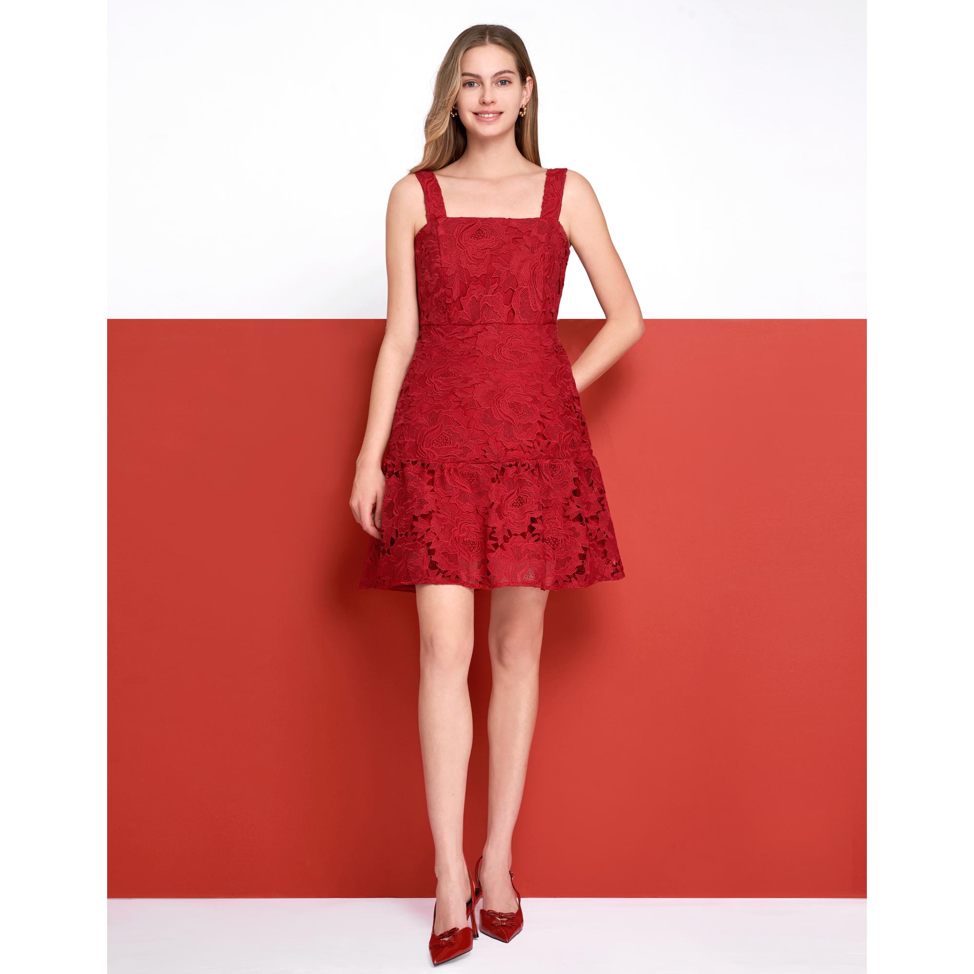 Sleeveless Floral Lace Dress - Red