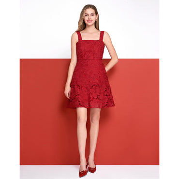 Sleeveless Floral Lace Dress - Red