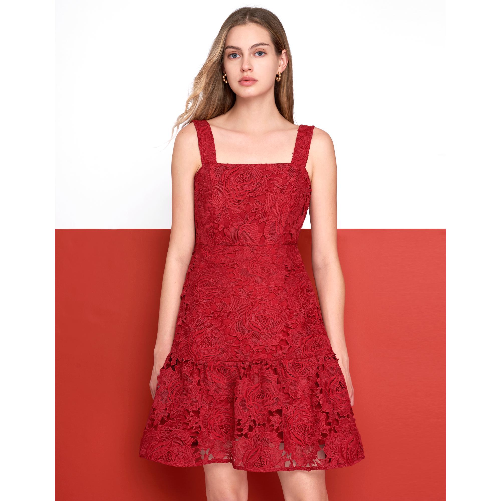 Sleeveless Floral Lace Dress - Red