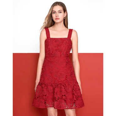 Sleeveless Floral Lace Dress - Red