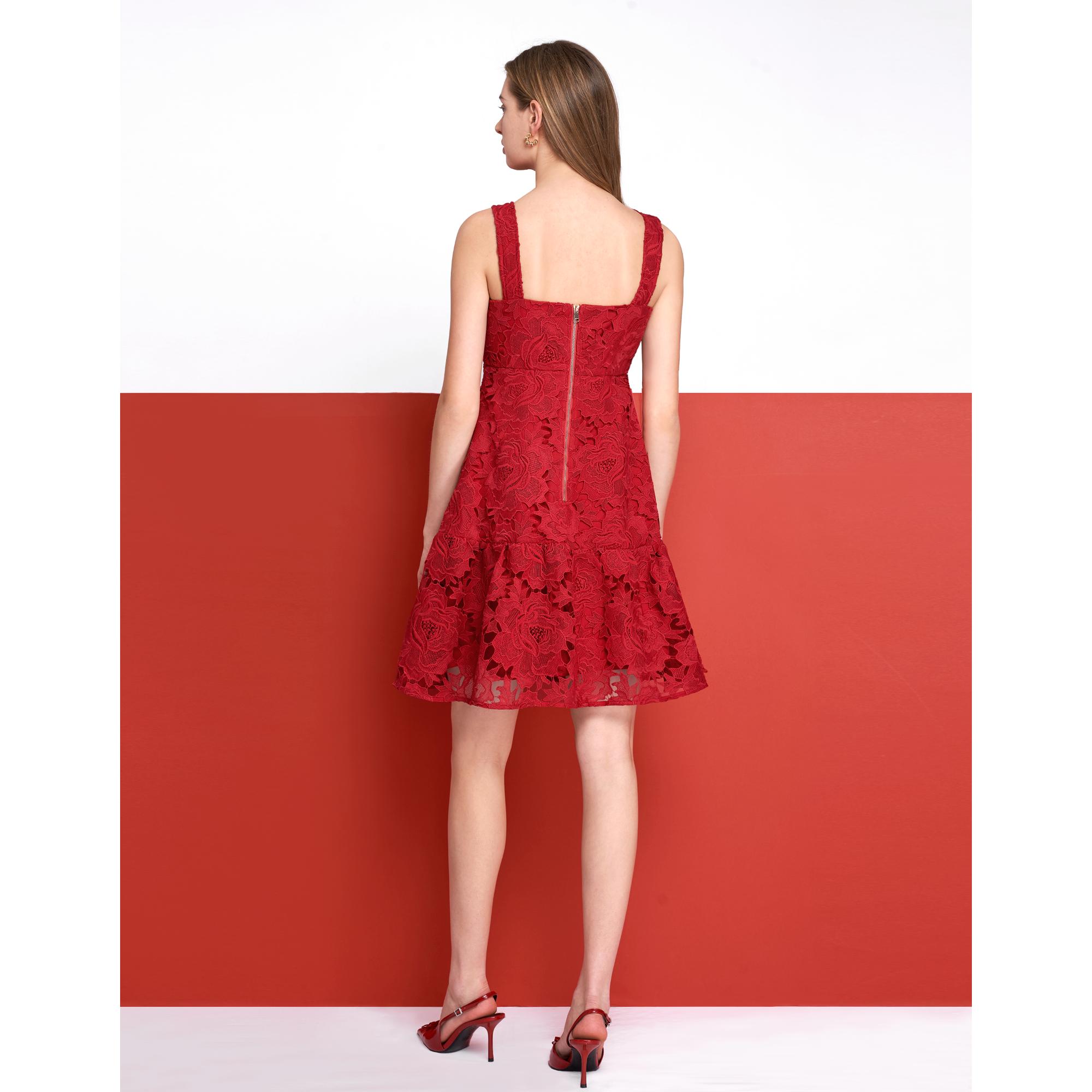 Sleeveless Floral Lace Dress - Red