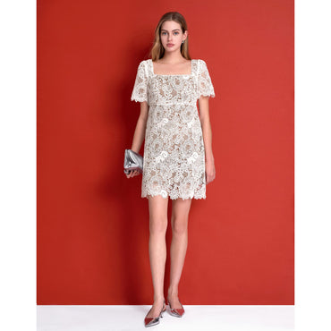 Square Neck Puff Sleeve Lace Dress - White