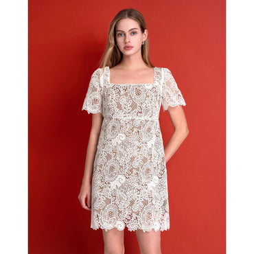 Square Neck Puff Sleeve Lace Dress - White