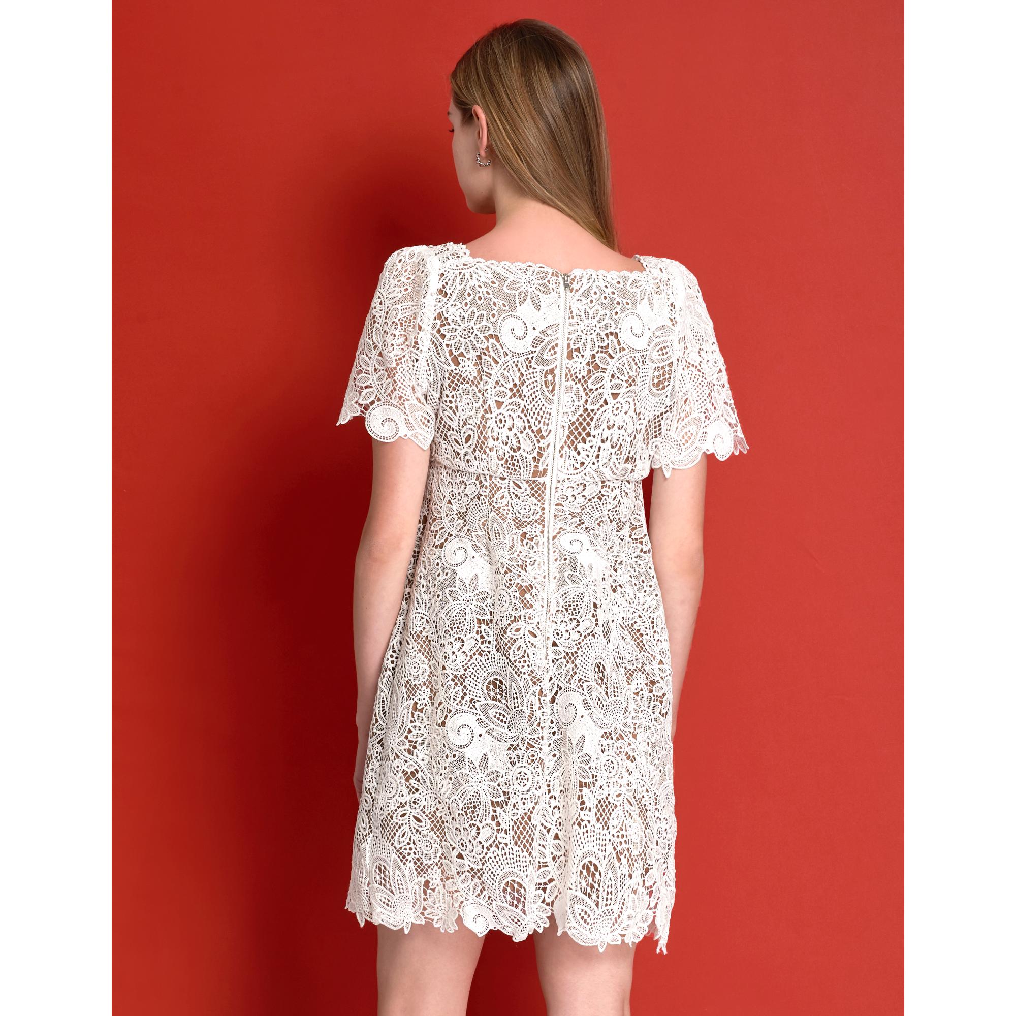 Square Neck Puff Sleeve Lace Dress - White