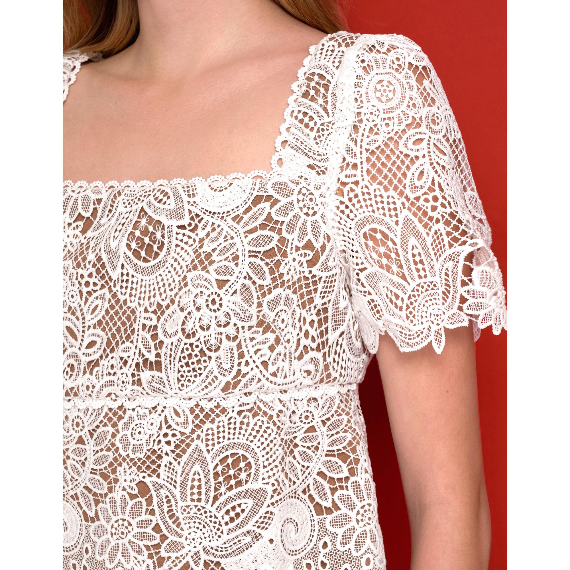 Square Neck Puff Sleeve Lace Dress - White