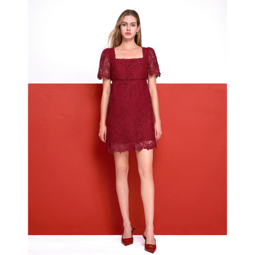 Square Neck Puff Sleeve Lace Dress - Wine