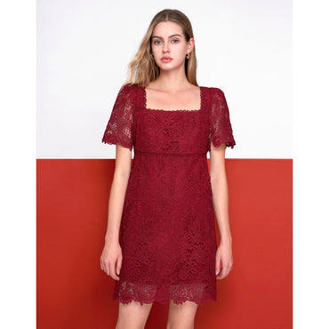 Square Neck Puff Sleeve Lace Dress - Wine