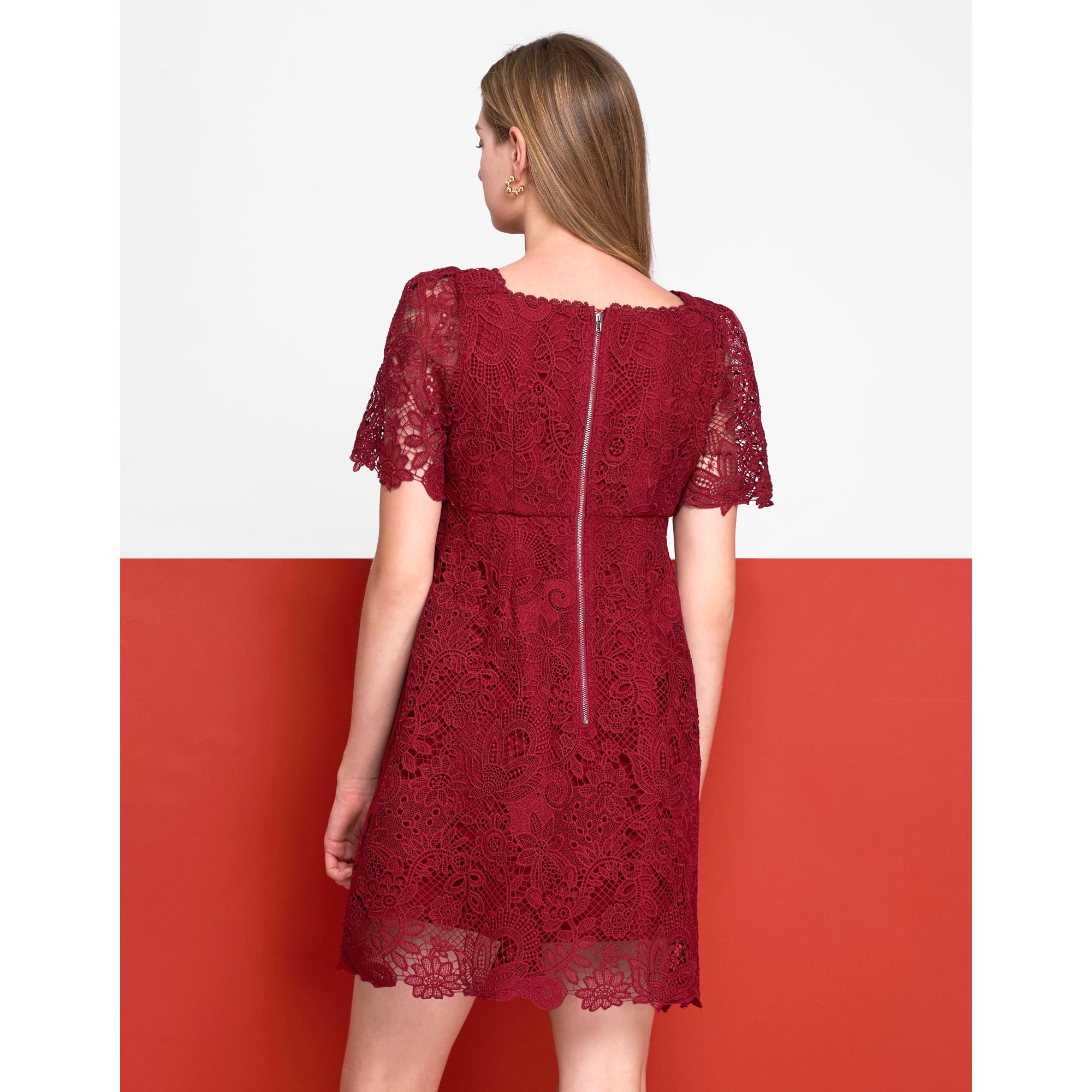 Square Neck Puff Sleeve Lace Dress - Wine