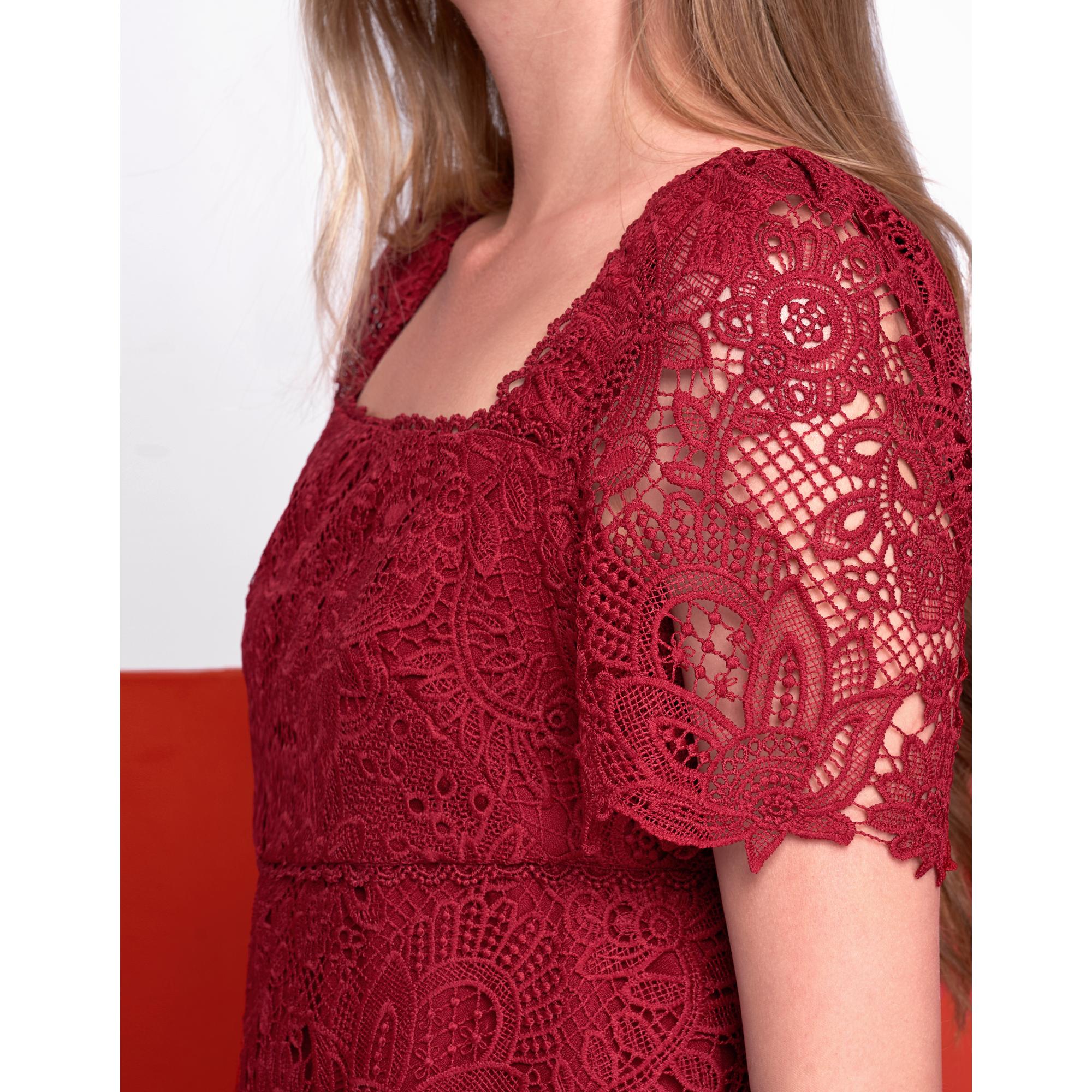 Square Neck Puff Sleeve Lace Dress - Wine