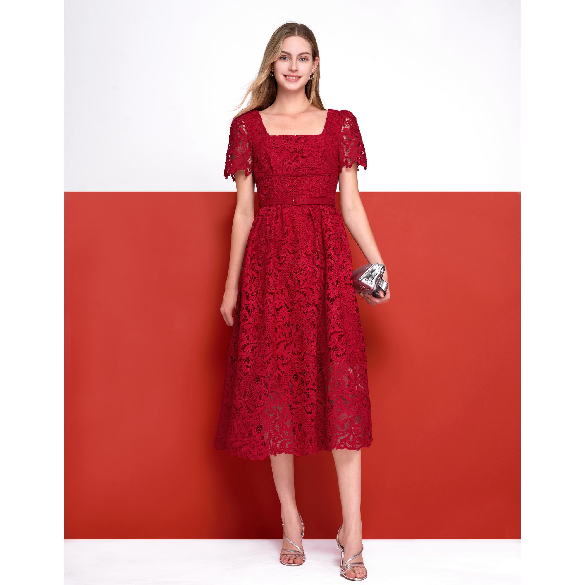 Square Neck Puff Sleeve Lace Midi Dress - Red