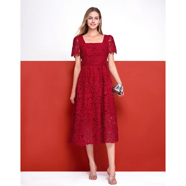 Square Neck Puff Sleeve Lace Midi Dress - Red