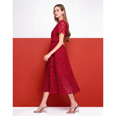 Square Neck Puff Sleeve Lace Midi Dress - Red