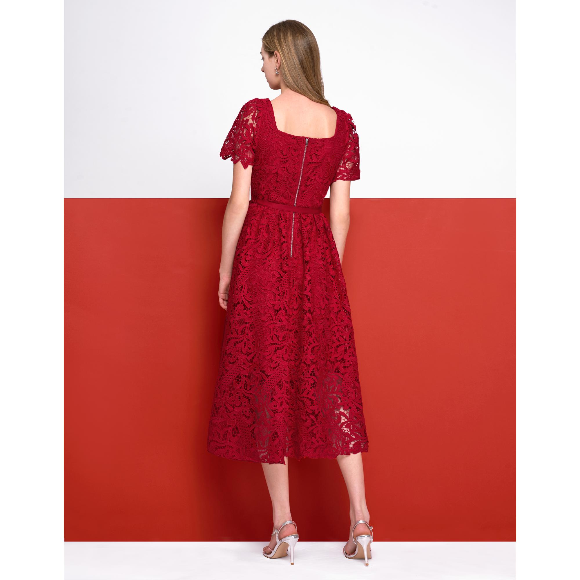 Square Neck Puff Sleeve Lace Midi Dress - Red