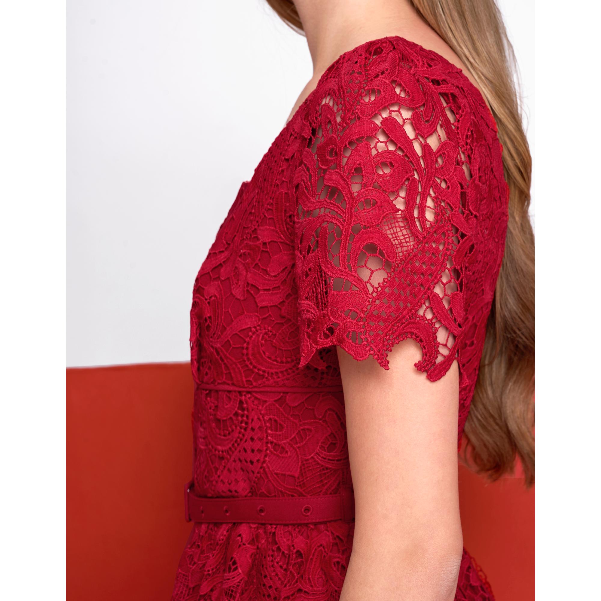 Square Neck Puff Sleeve Lace Midi Dress - Red