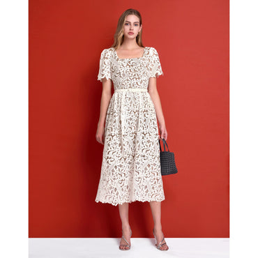 Square Neck Puff Sleeve Lace Midi Dress - White