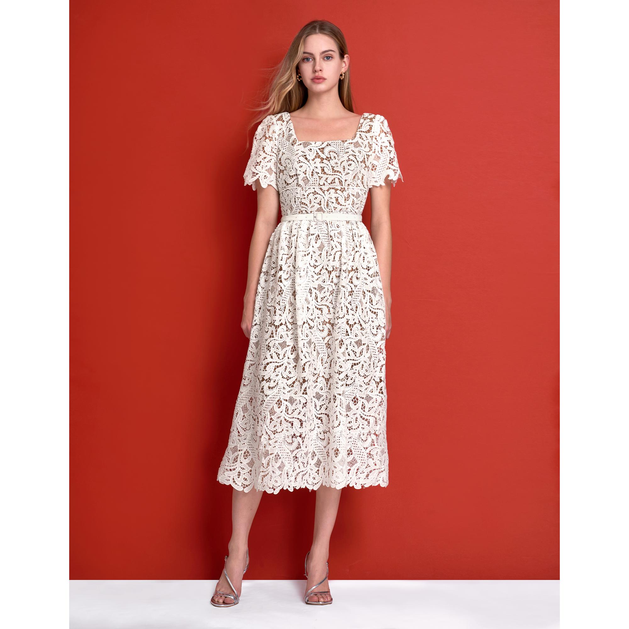 Square Neck Puff Sleeve Lace Midi Dress - White