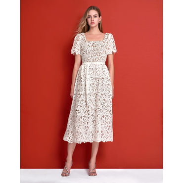 Square Neck Puff Sleeve Lace Midi Dress - White