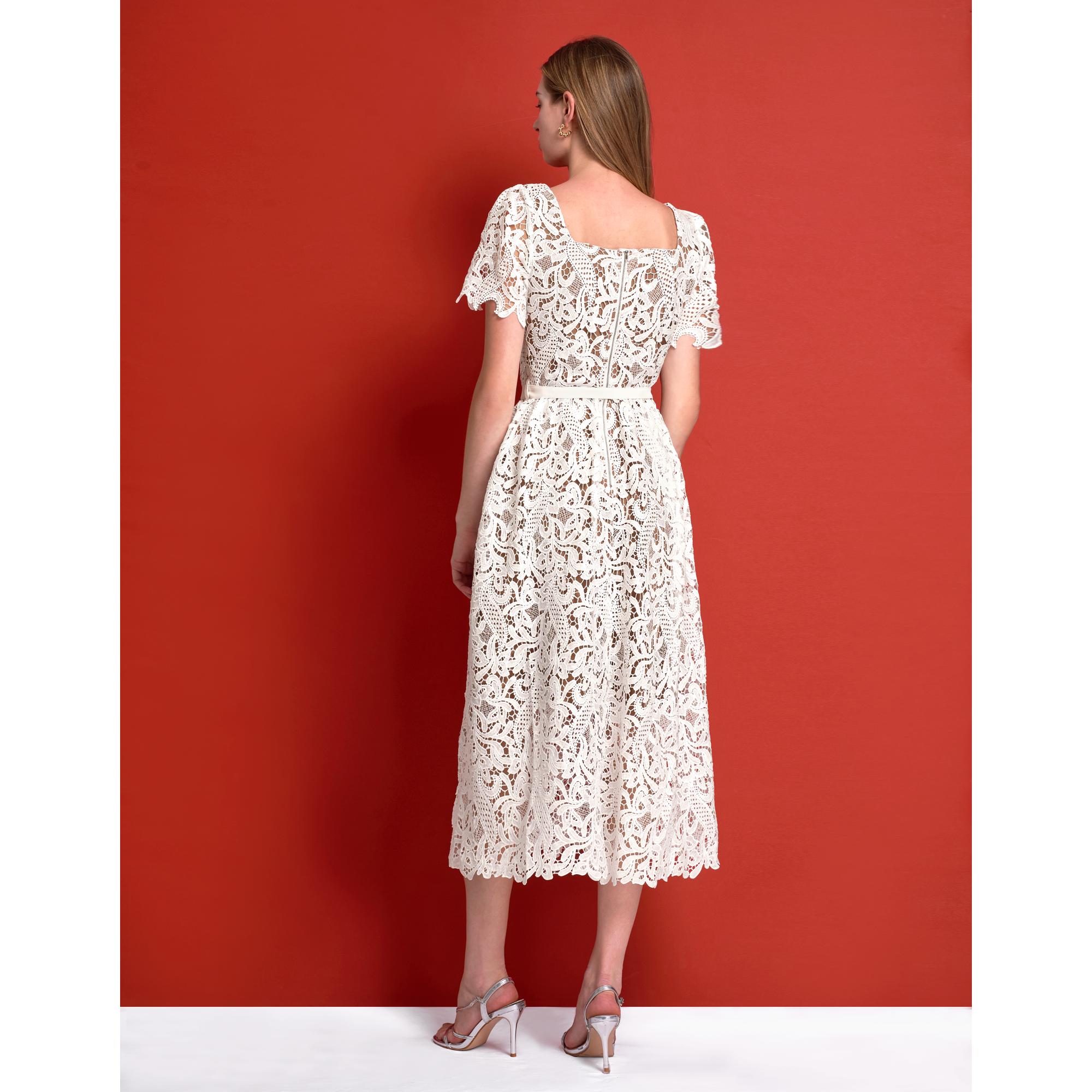 Square Neck Puff Sleeve Lace Midi Dress - White