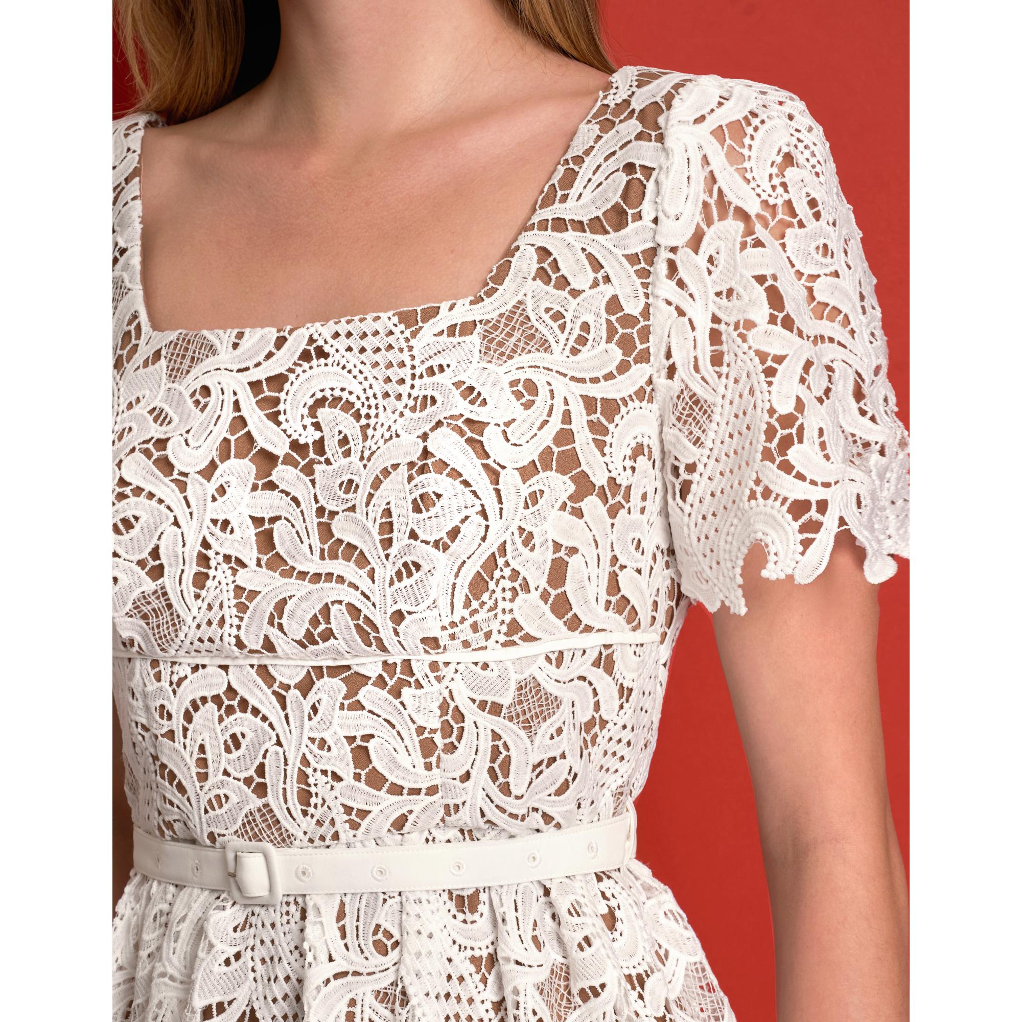 Square Neck Puff Sleeve Lace Midi Dress - White