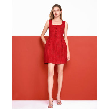 Square Neck Button Front Tweed Dress - Red