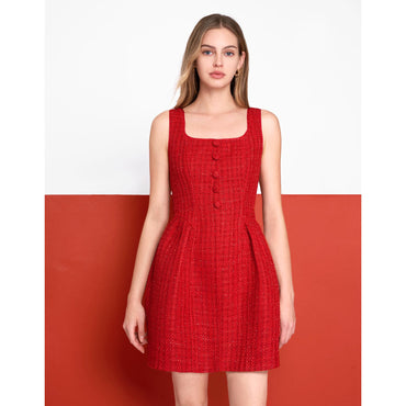 Square Neck Button Front Tweed Dress - Red