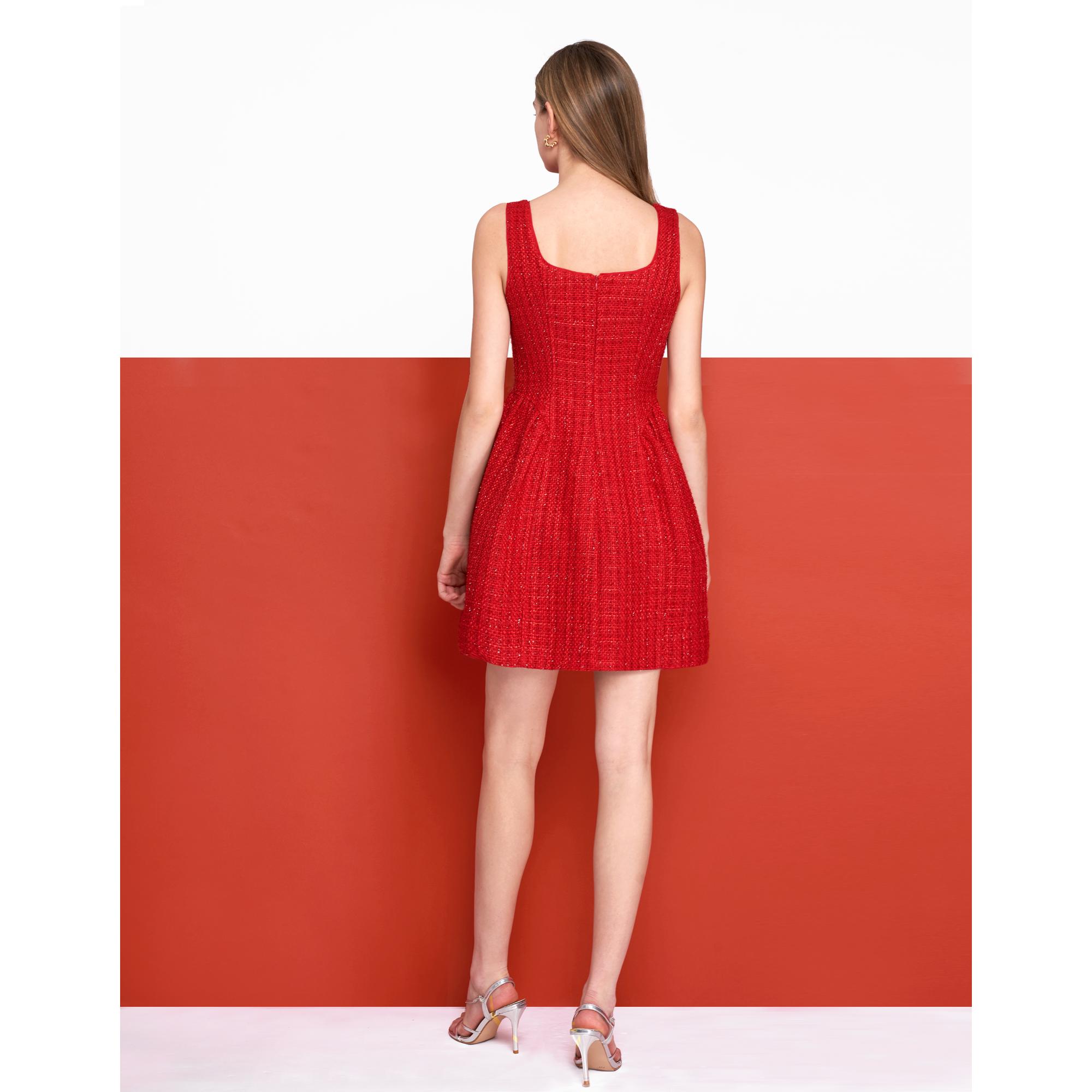 Square Neck Button Front Tweed Dress - Red