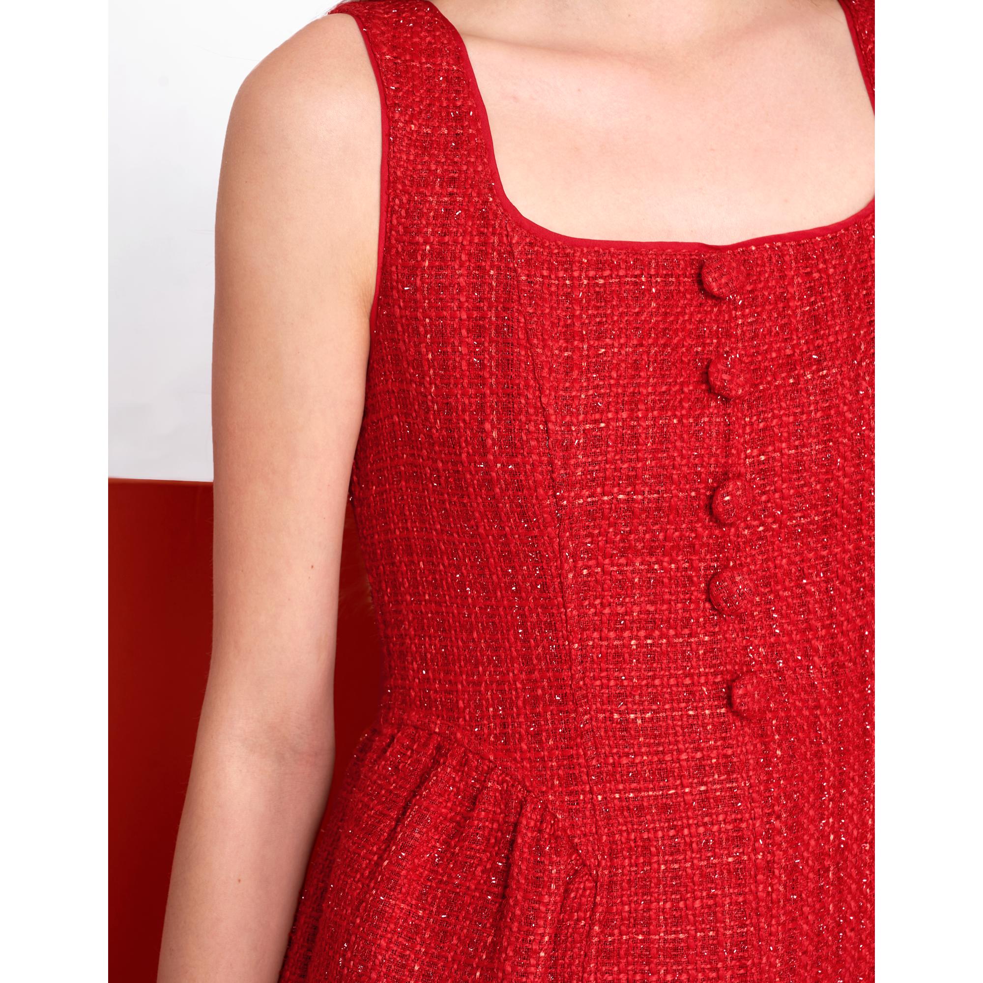 Square Neck Button Front Tweed Dress - Red