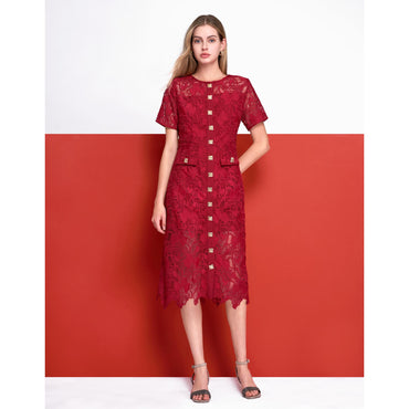 Button Up Midi Lace Dress - Wine