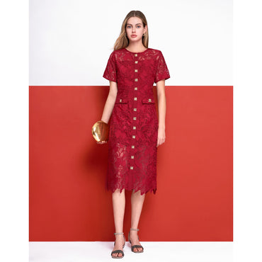 Button Up Midi Lace Dress - Wine