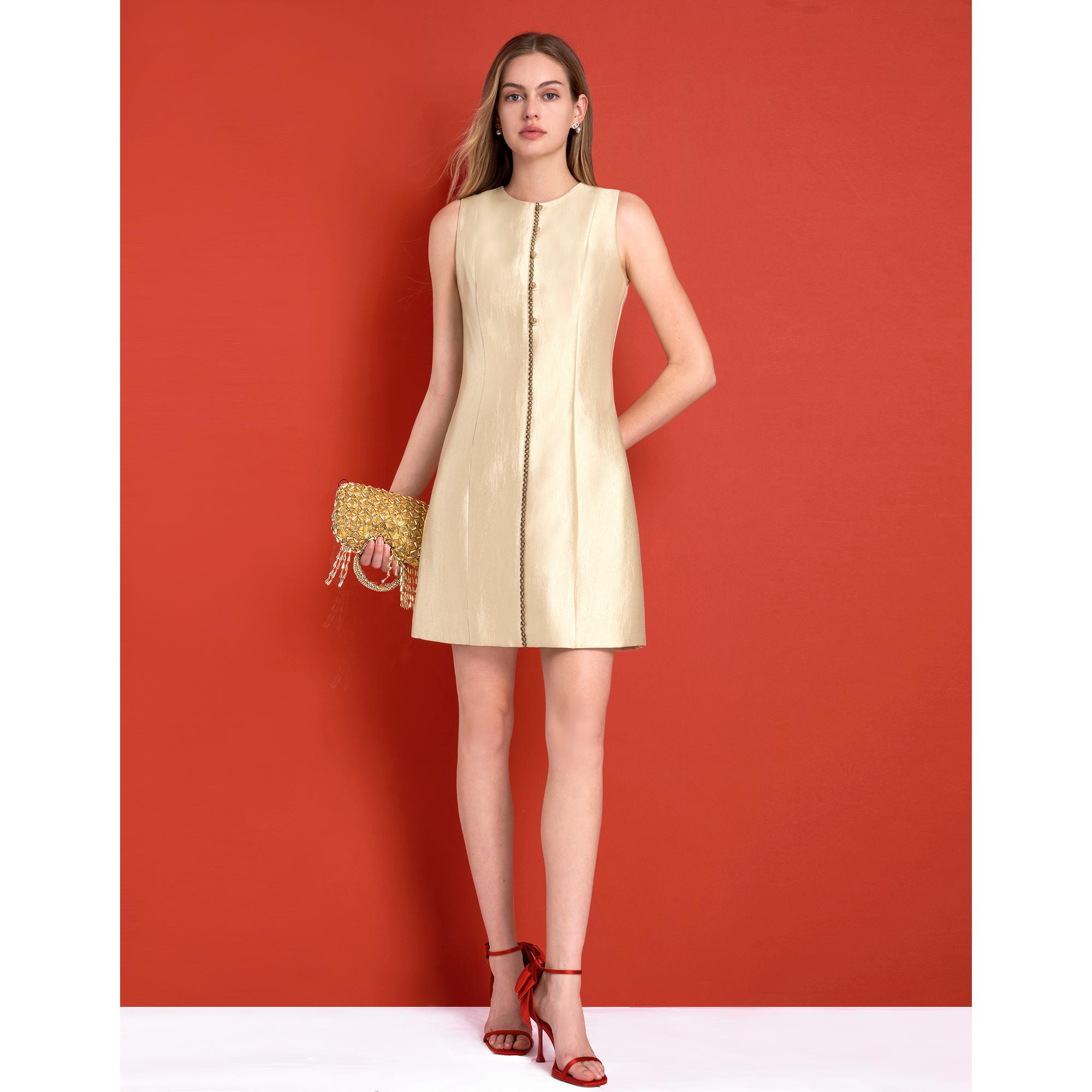 Contrast Trim Button Front Sleeveless Dress - Champagne