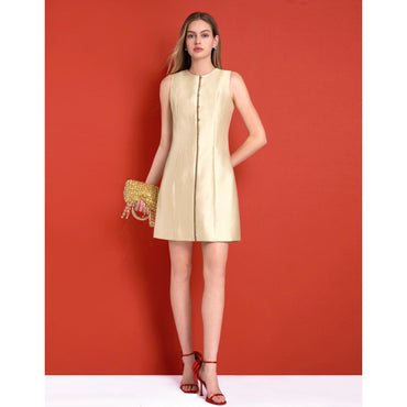 Contrast Trim Button Front Sleeveless Dress - Champagne