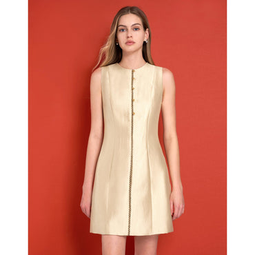 Contrast Trim Button Front Sleeveless Dress - Champagne