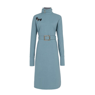 Women L/S Western Collar Qipao Shirt Dress - Blue