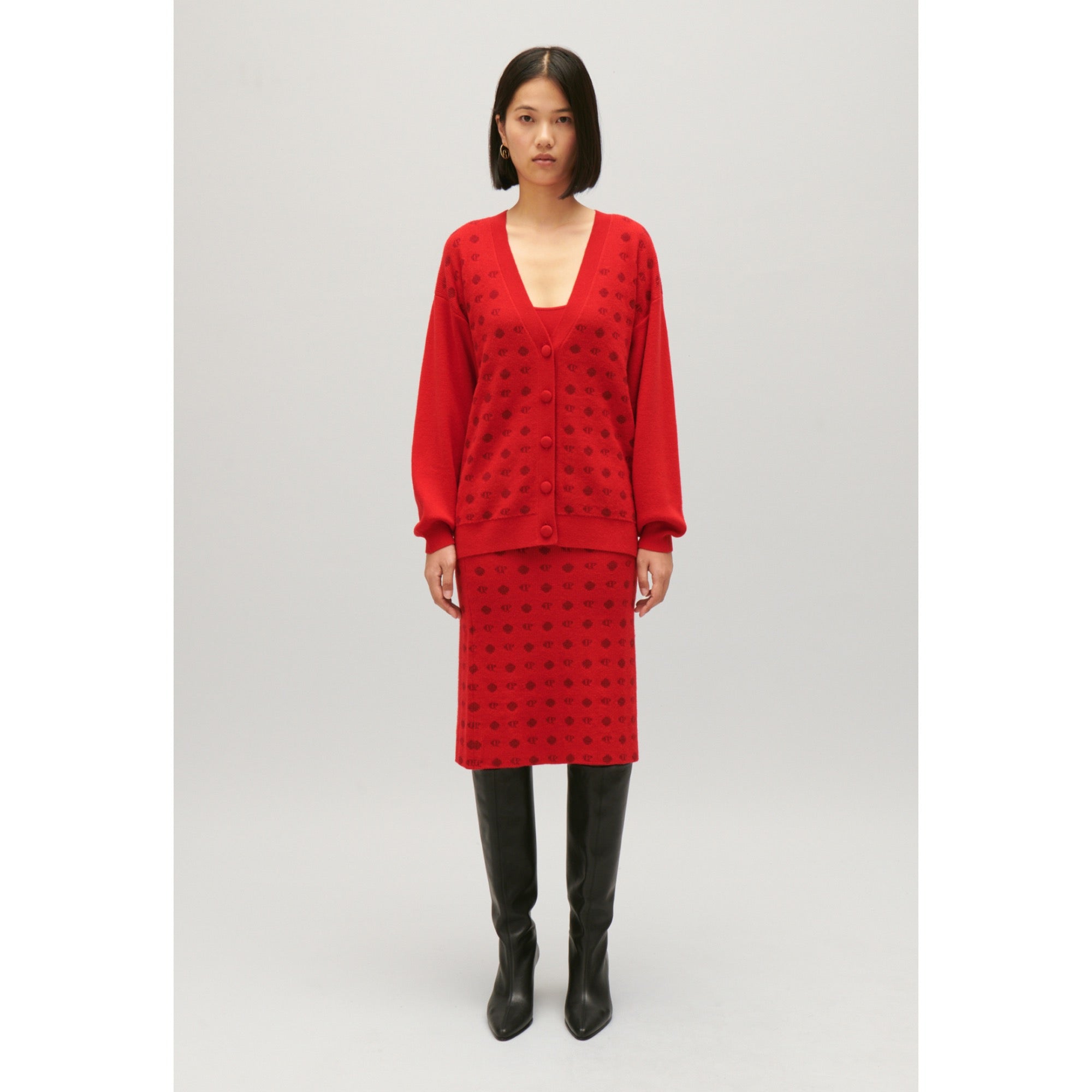 Women Red Jacquard Cardigan - Red