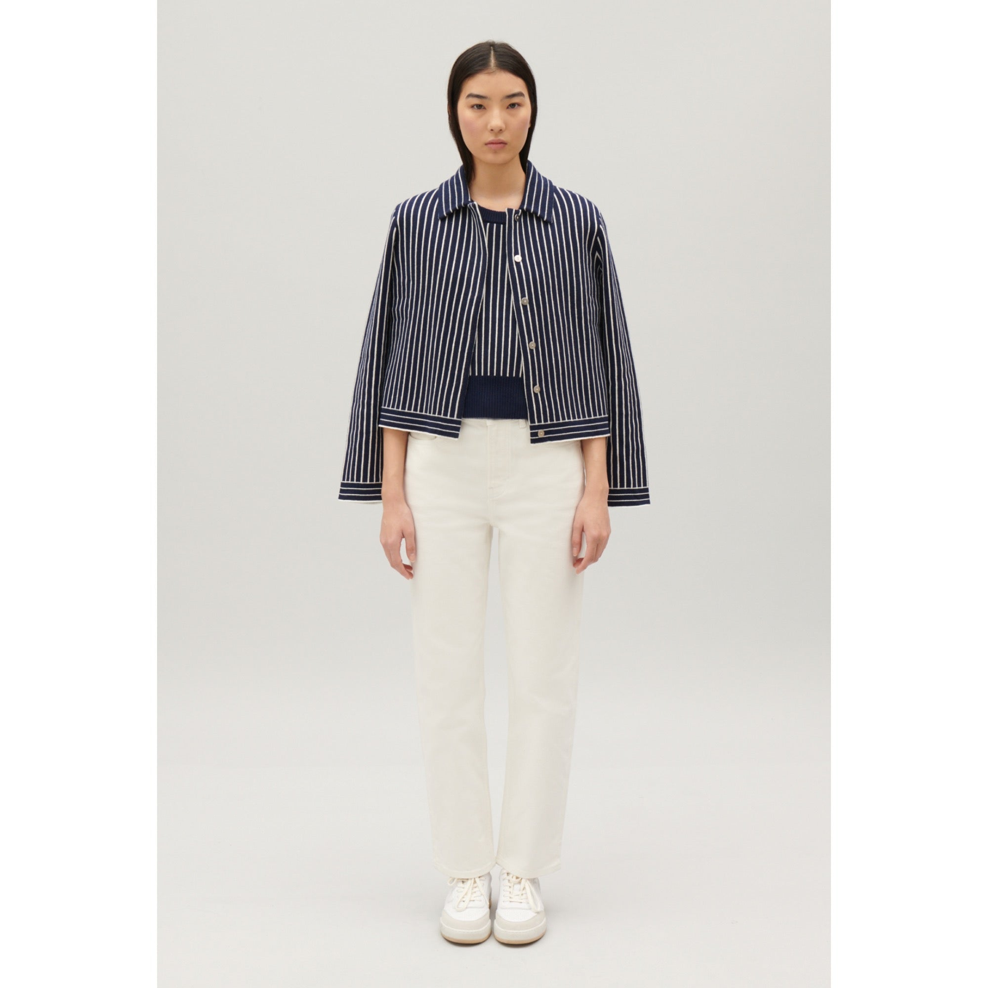 Women Stripy Knit Cardigan - Navy