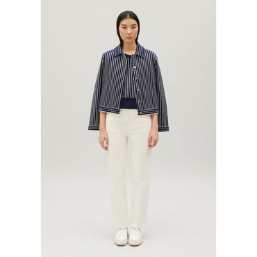 Women Stripy Knit Cardigan - Navy