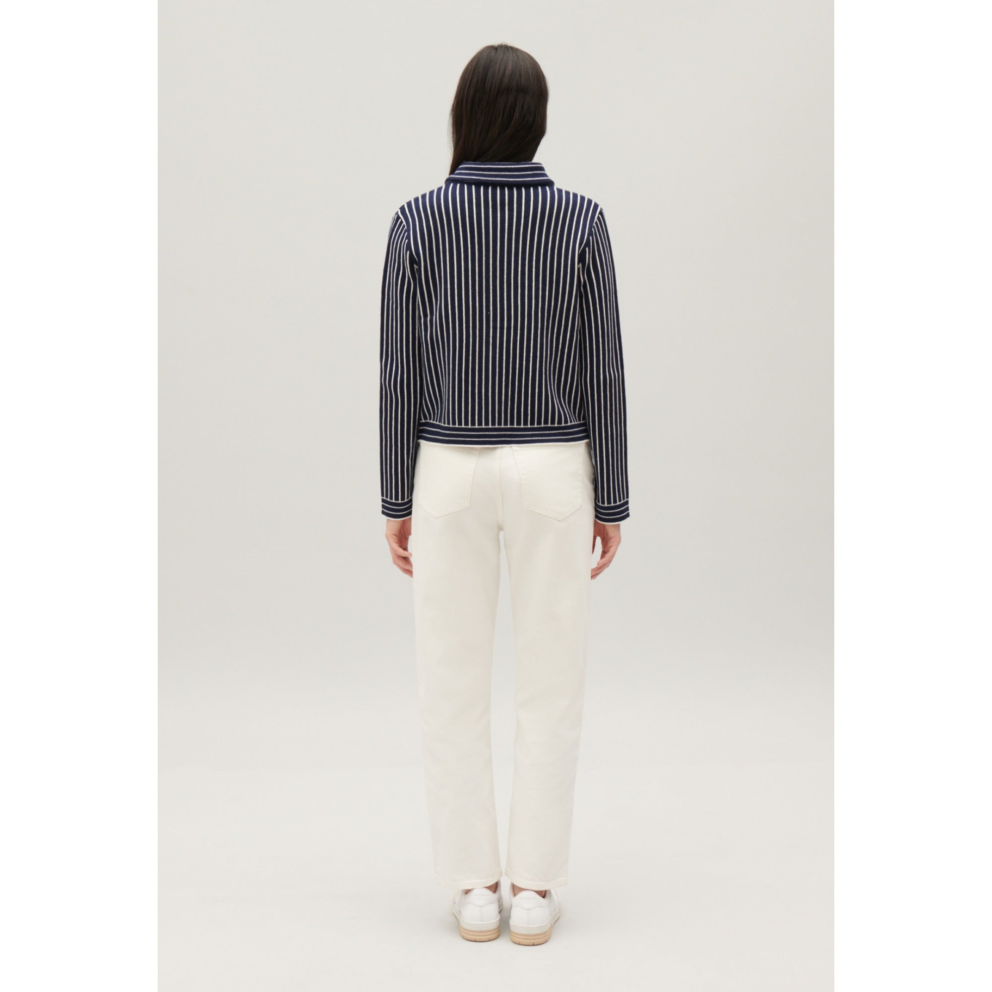 Women Stripy Knit Cardigan - Navy