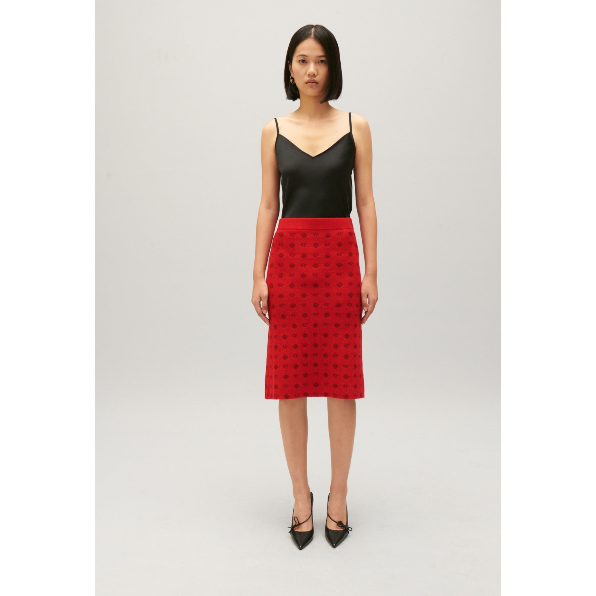 Women Mid-Length Red Knit Skirt - Red