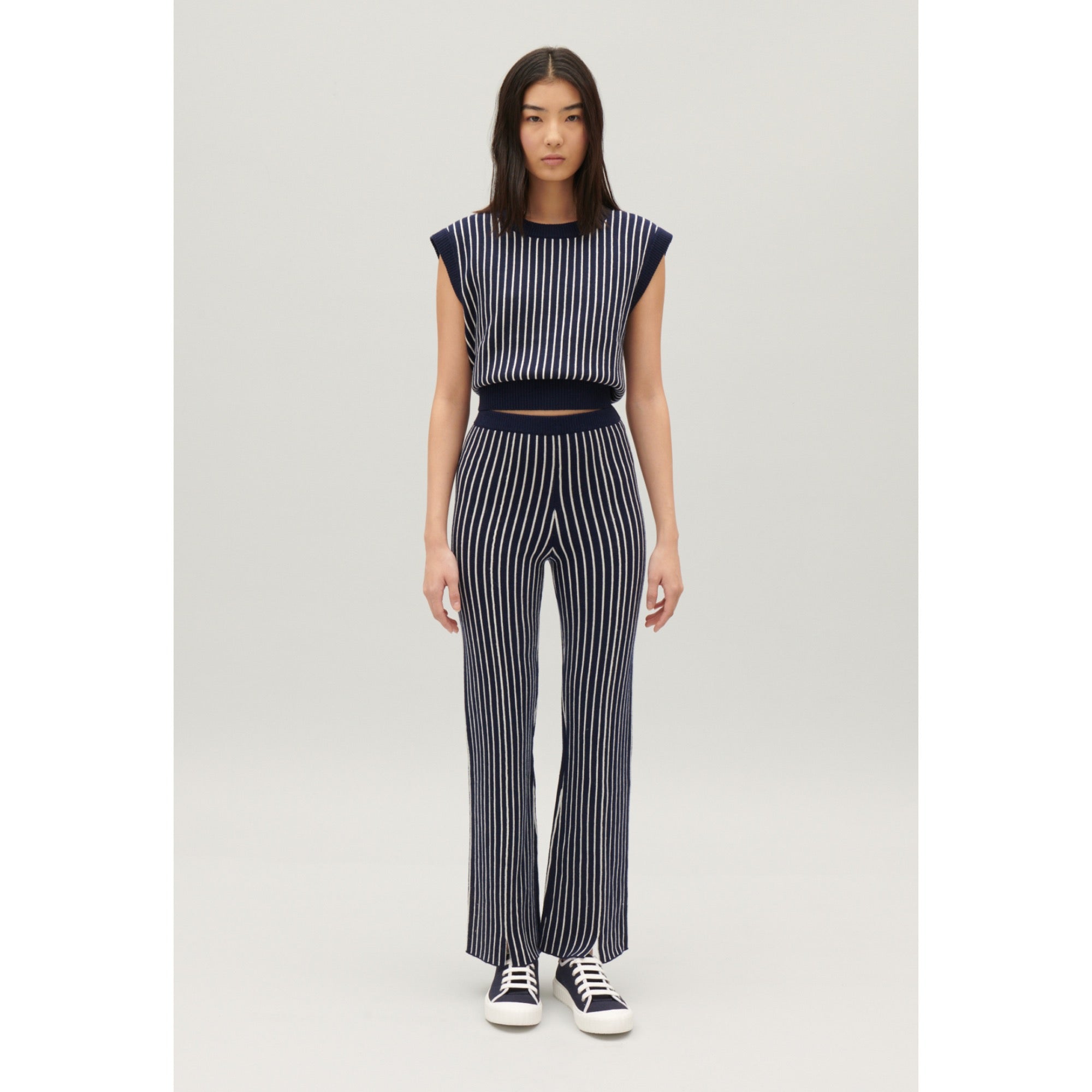 Women Stripy Knit Trousers - Navy