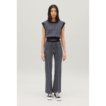 Women Stripy Knit Trousers - Navy