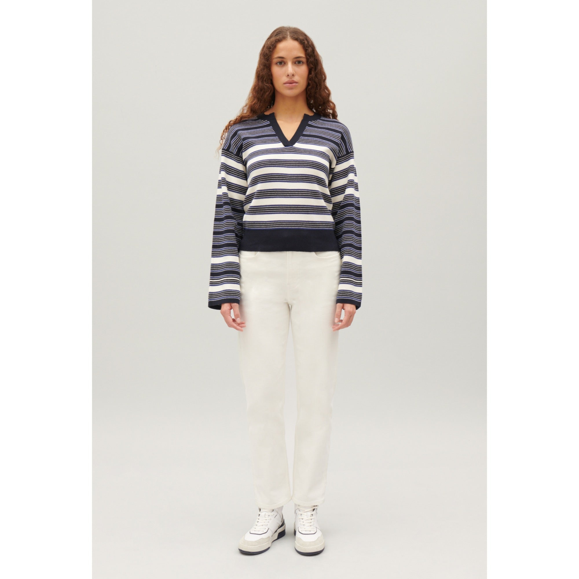 Women Ecru Striped Henley Neck Jumper - Dual-Color