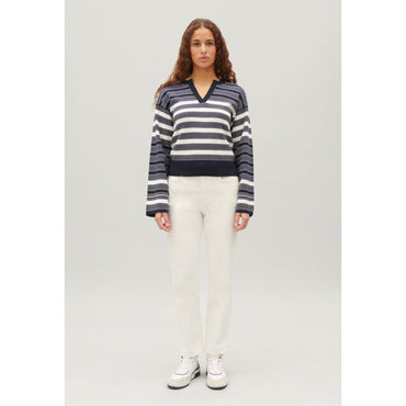 Women Ecru Striped Henley Neck Jumper - Dual-Color