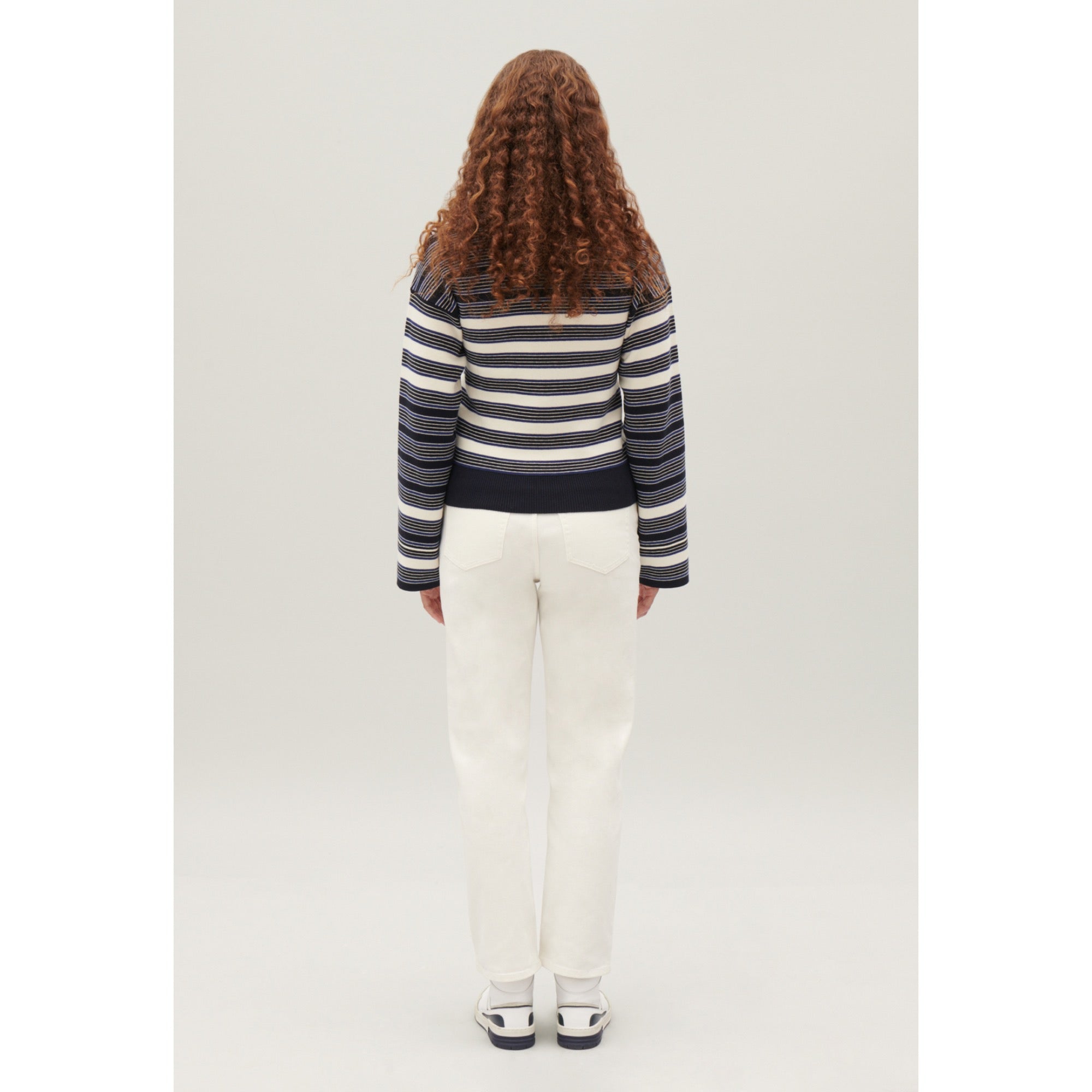 Women Ecru Striped Henley Neck Jumper - Dual-Color