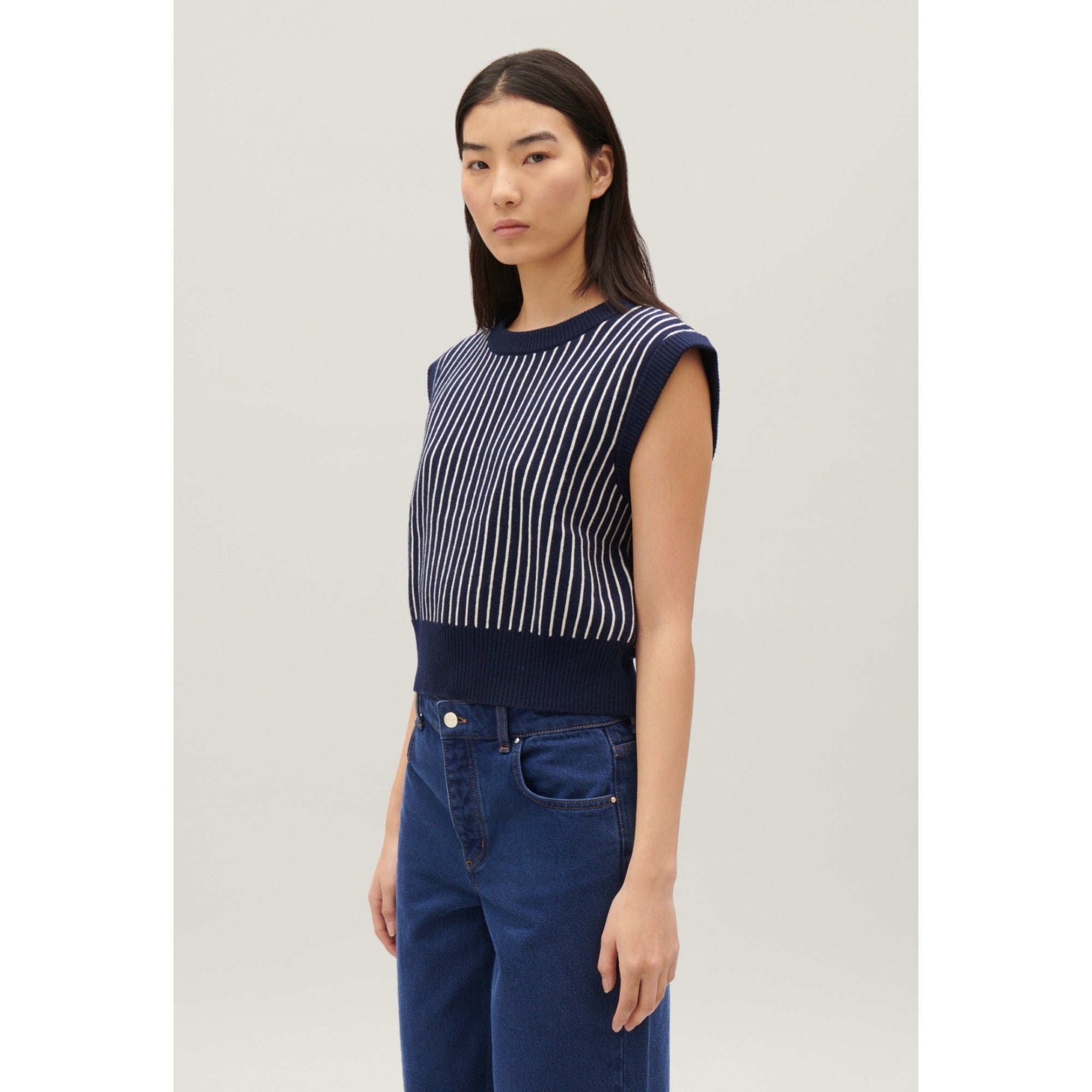 Women Sleeveless Stripy Knit Jumper - Navy