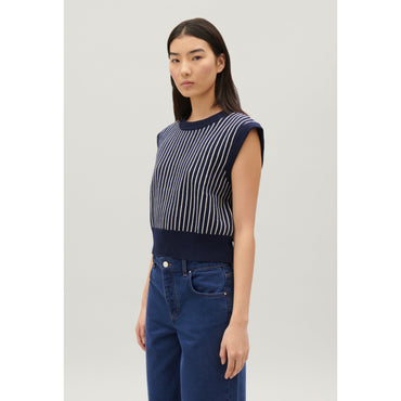 Women Sleeveless Stripy Knit Jumper - Navy