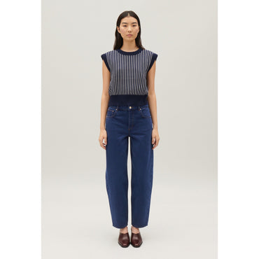 Women Sleeveless Stripy Knit Jumper - Navy